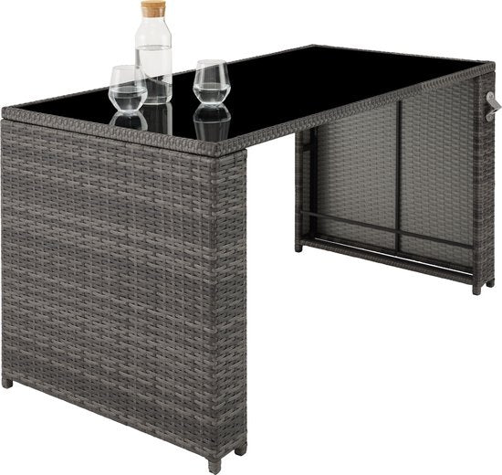 tectake® - wicker zitgroep, 5-delige lounge tuinmeubelset met tafel, fauteuil en kruk, eetgroep voor maximaal 4 personen, tuin- en balkonmeubilair inclusief kussens – grijs - poly-rattan