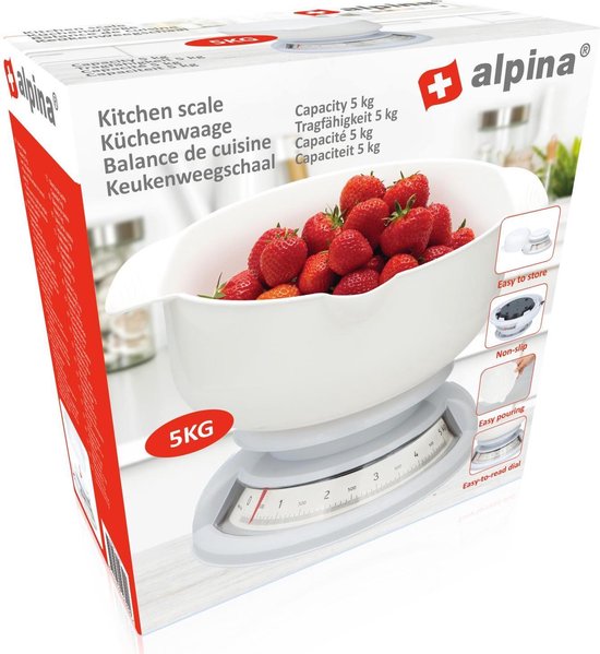 Alpina Keukenweegschaal met Kom - tot 5 kg - Wit - 24x11x23cm