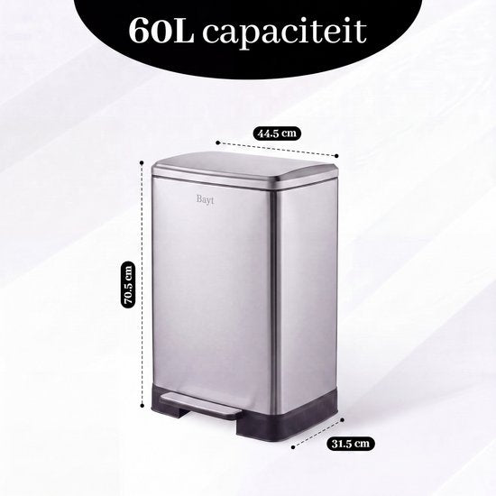 Bayt Prullenbak - Prullenbak 60 Liter - Pedaalemmer 60 liter - Vuilnisbak 60 liter - Afvalbak - RVS - Zilver