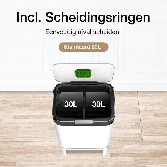 Loftey Prullenbak 60 Liter – Push/touch Afvalbak - Duo Afvalemmer met binnenbak - Vuilbak 2 Vakken - Afvalscheiding 2x30L - Keuken - Wit/RVS
