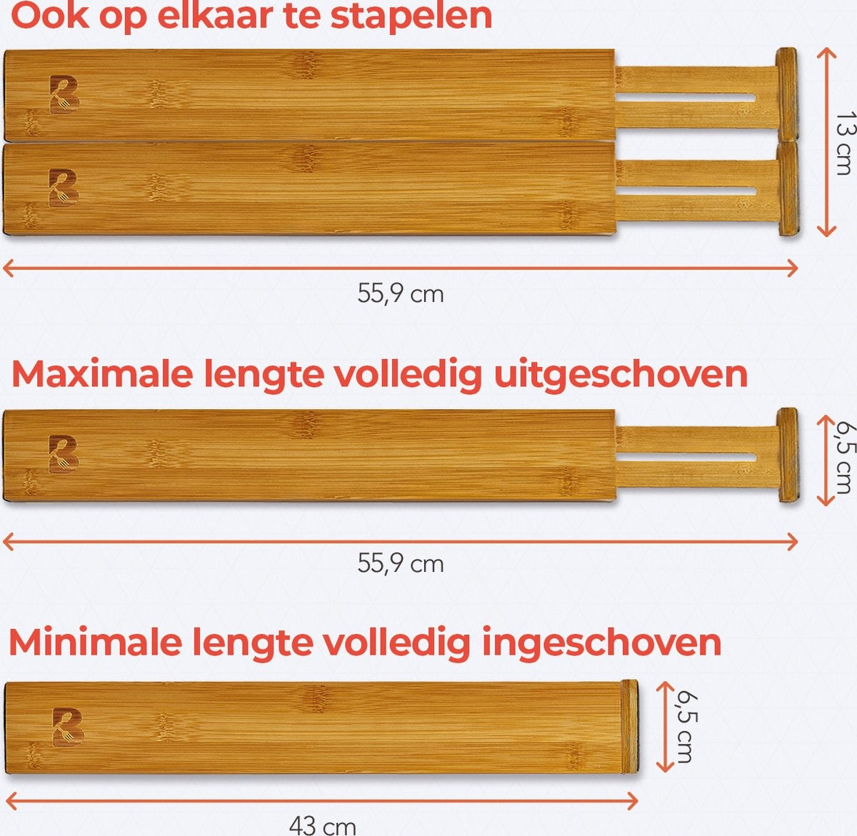 KitchenBrothers Ladeverdeler - Lade Organizer - Uitschuifbaar - Verstelbaar - 4 Stuks - Bamboe