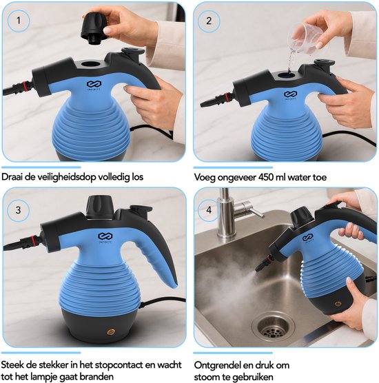 Infinity Goods Stoomreiniger - 12-in-1 Handstoomreiniger - Handstomer - Vlekkenreiniger - Tapijtreiniger - 10 Opzetstukken - 1050 Watt - 3.2 Bar - Blauw