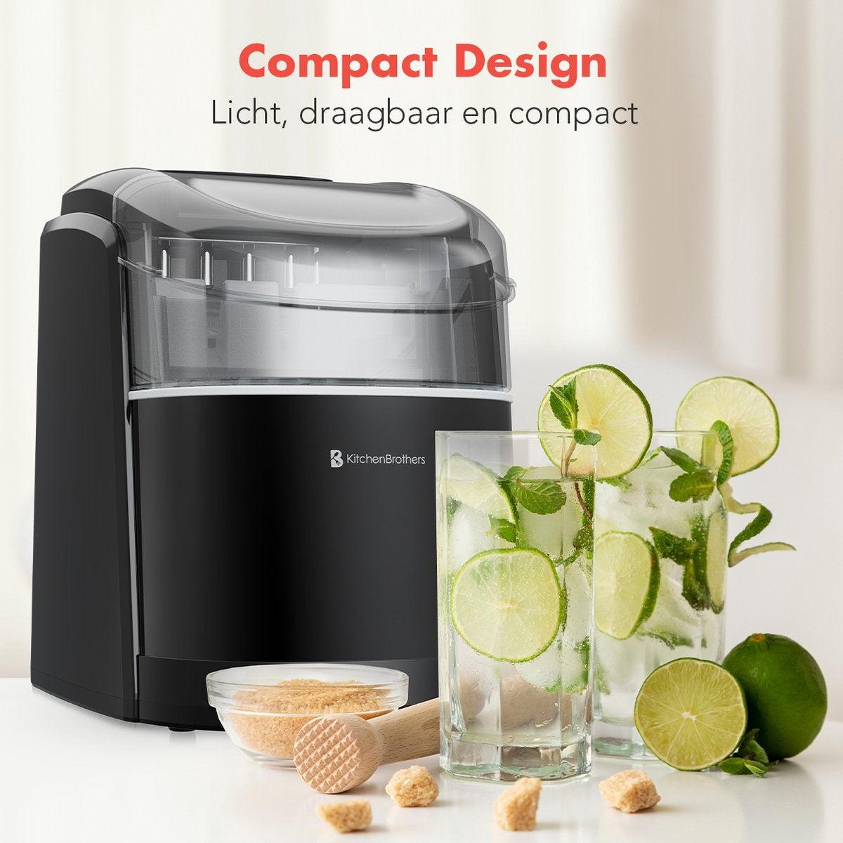 KitchenBrothers IJsblokjesmachine - 1.6L - 8 min. - 12kg/24u - Zelfreinigingsfunctie - IJsblokmaker met IJsschep - Zwart