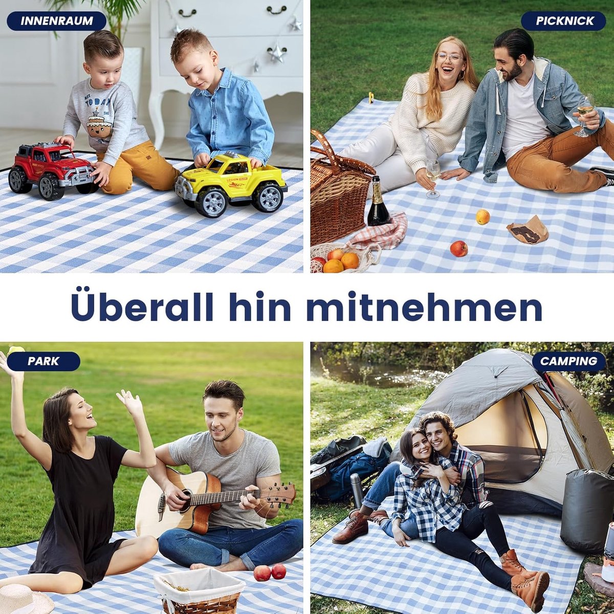 Picknickkleed XXL met waterdichte onderkant - 200 x 200 cm - Lederen handvat - Hemelsblauw/wit