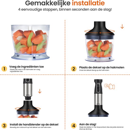 Goliving Staafmixer Set 5-in-1 - Hakmolen - Maatbeker - Garde - 1000W - Vaatwasserbestendige Accessoires - RVS - Zwart