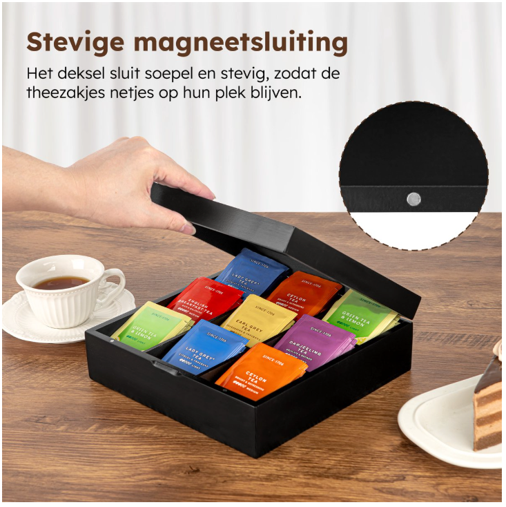 Nimma – Luxe Theedoos – 9 Compartimenten – Zwart Bamboe – Met Magneetsluiting & Compact Ontwerp – Thee Organizer – Stijlvol & Duurzaam