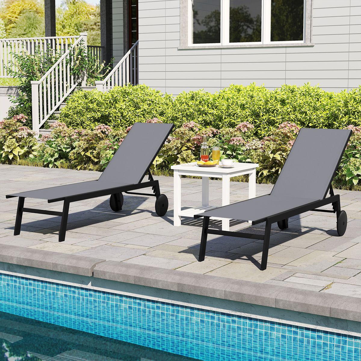 Coast tuinligstoelenset - verstelbare rugleuning - op wielen - metaal en stof - zwart / bruin / grijs