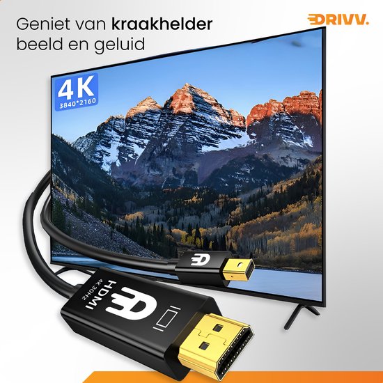 Drivv. Premium Mini DisplayPort naar HDMI Kabel - Thunderbolt naar HDMI - Thunderbolt 1/2 - 4K 30Hz - Zwart - 1.8 meter