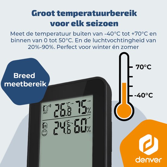 Denver Weerstation - Binnen & Buiten - Hygrometer - Regenmeter - Temperatuur - Weersvoorspelling - Radiogestuurd - Draadloze buitensensor - WSR560