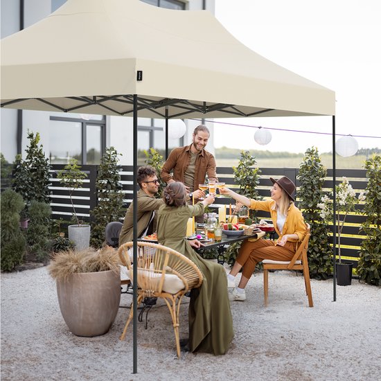 LifeGoods Partytent - Paviljoen - 3x4.5 m - Zijwanden - Easy Up - Opvouwbaar - Waterdicht - Draagtas met Wieltjes - Beige