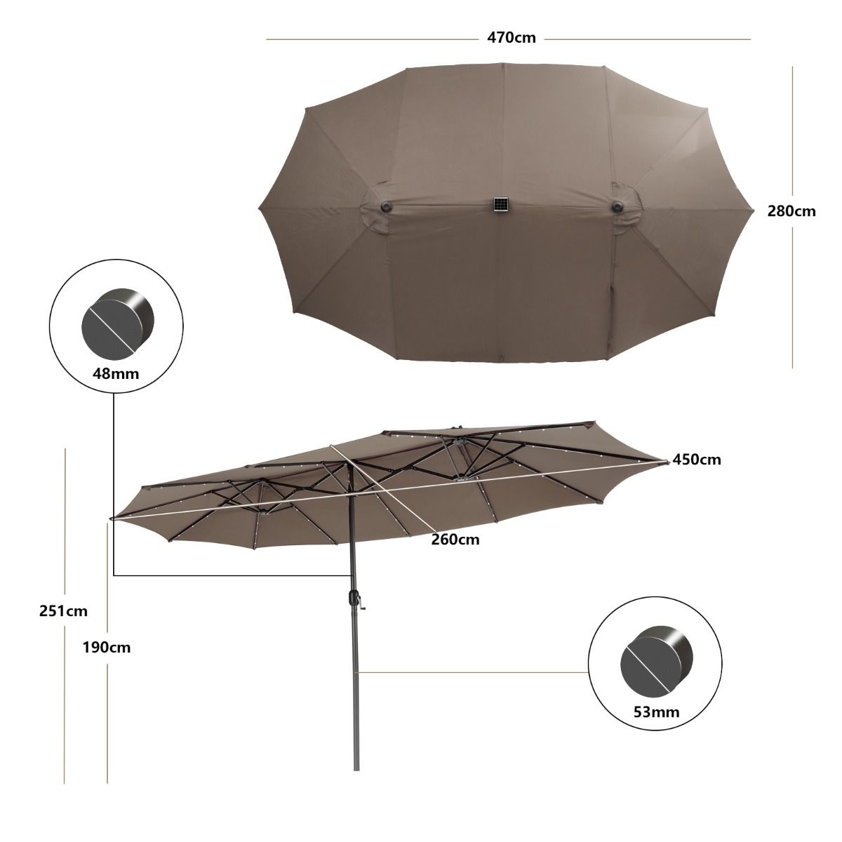 Coast Dubbelzijdige Terrasparasol 470 x 280 cm - 48 LED-Lampjes met Zonnepaneel - Zwengelsysteem - Bruin