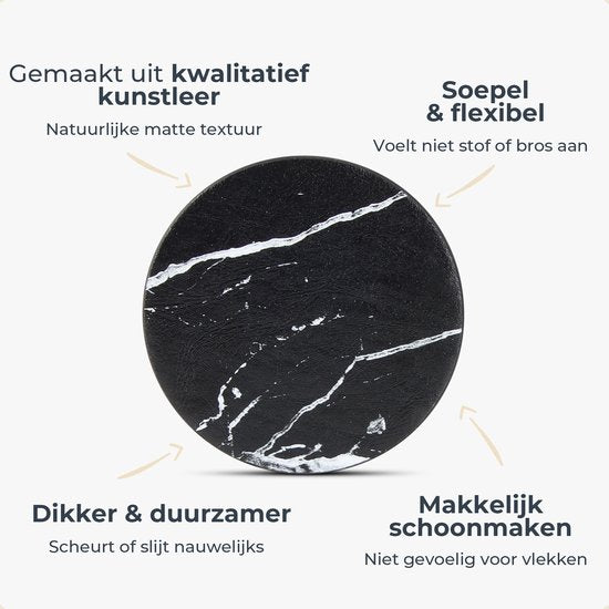 Castagnola Kunstlederen Onderzetters – Onderzetters voor Glazen – Design Onderzetters met Houder – Leren Onderzettersset – Leder – Set van 16 – Marmer look - Zwart/Wit