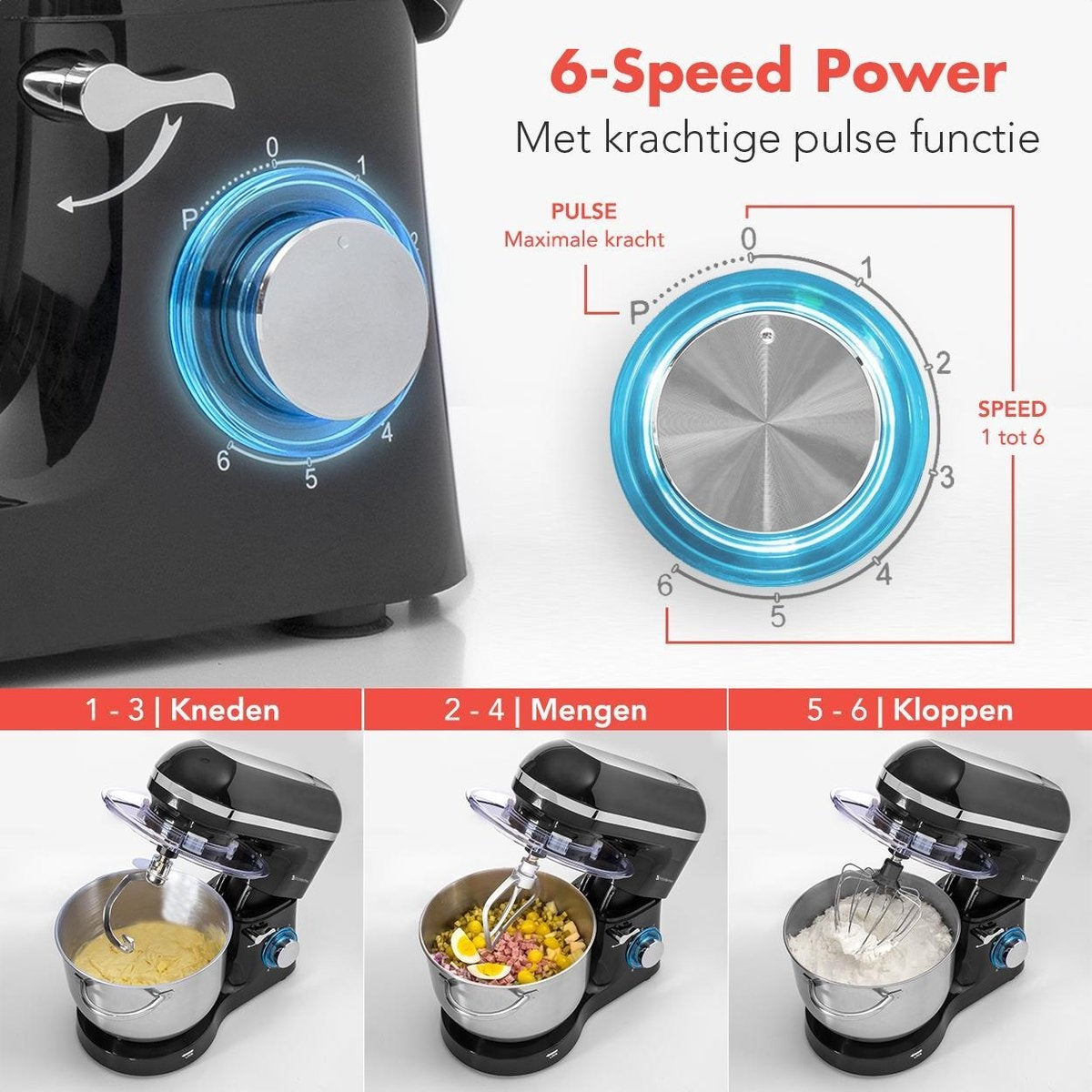 KitchenBrothers Keukenmachine & Keukenmixer – Incl. Mengkom – 1400 W – 38,7 x 23,8 x 31,4 cm – Zwart