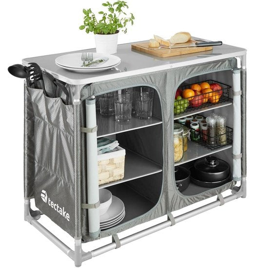 tectake® - Campingkast 97x47,5x78cm - Opvouwbaar - Afsluitbare compartimenten - Stevige werkbladen - Handige insteekzakken aan zijkant - grijs