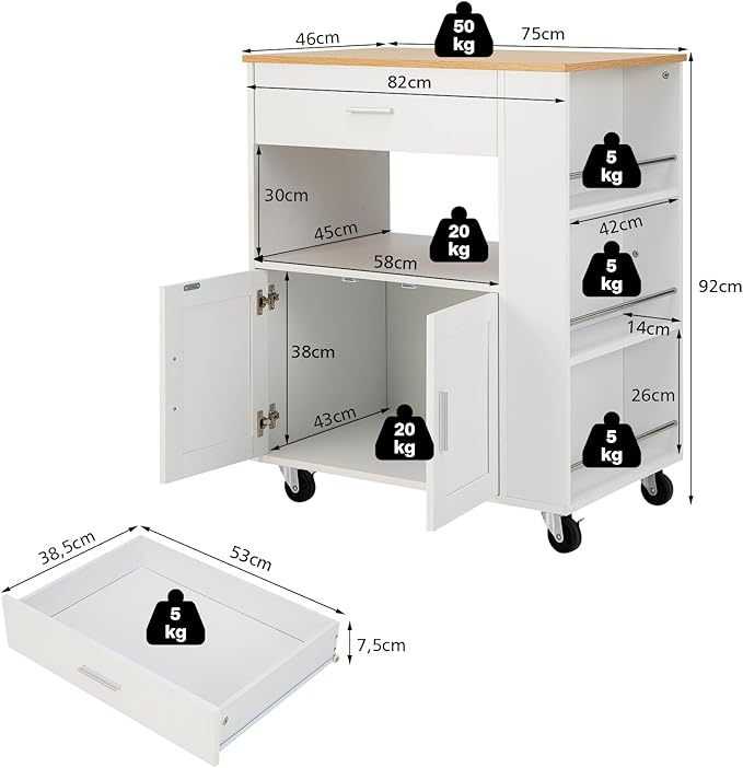 Coast Keukenwagen – Met 3 Kruidenplanken & Wieltjes – 75 x 46 x 92 cm – Wit