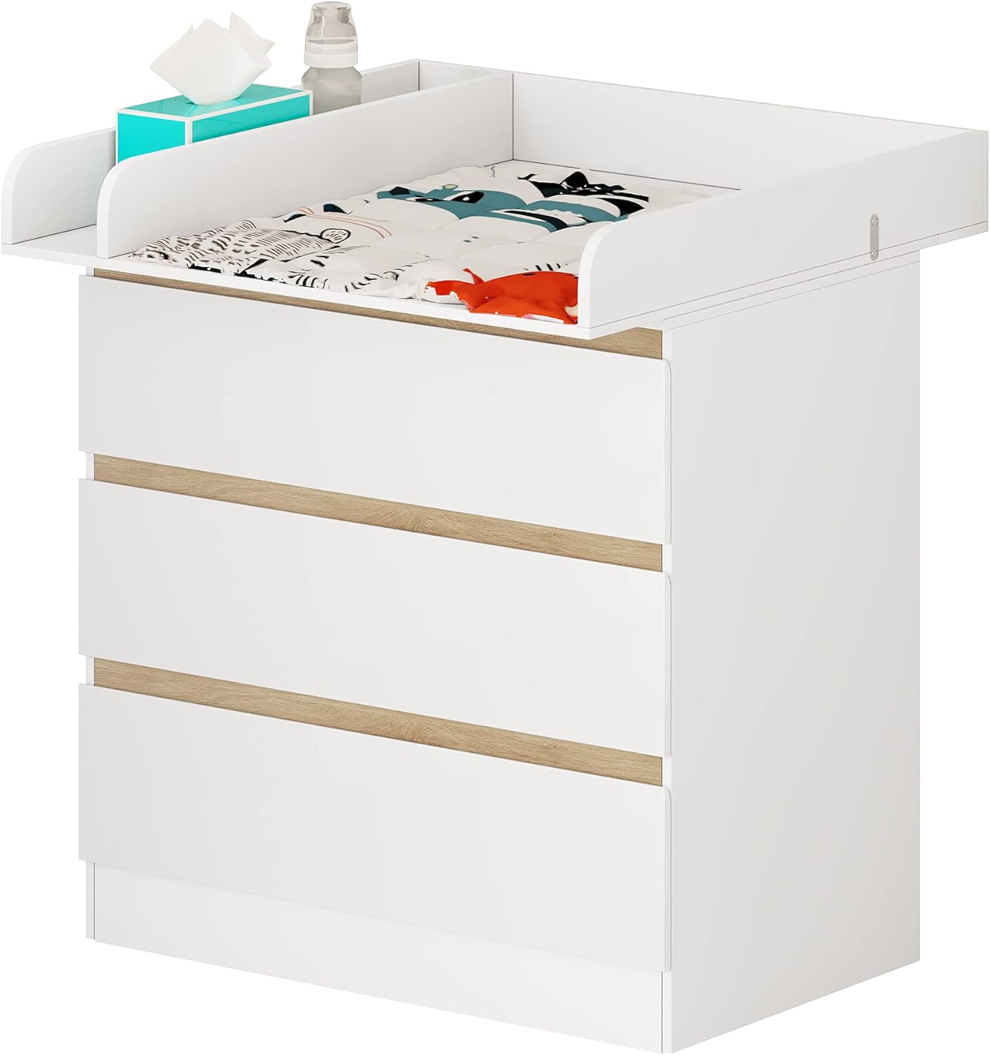Woltu Luiercommode met aankleedopzetstuk – 80x48x78 cm – Wit en Eiken – 3 Lades – Ergonomisch 86 cm Werkhoogte