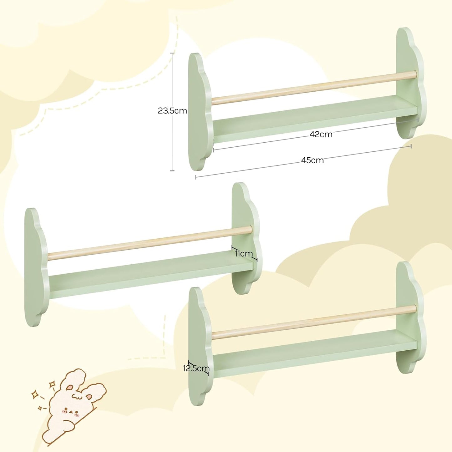 Woltu Wandplank Kinderen - 3 Stuks - 45 x 24 cm - Groen