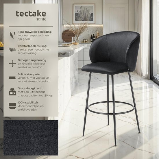 tectake® - Set van 2 Barkrukken Luana - Gestoffeerde Barkruk met rugleuning - Barstoelen - Barstoel met voetensteun - Eetkamerstoel met fluwelen bekleding - Stevige stalen poten met antislip vloerbescherming - Zwart/zwart