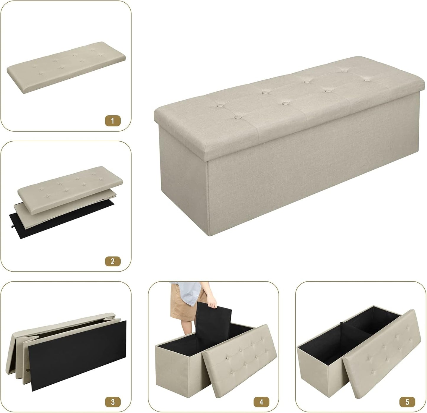 Woltu Opvouwbare Opbergbank met Opbergruimte - 118 Liter - 110 x 37,5 x 38 cm - Crème-Wit Linnen - Belastbaar tot 300 kg