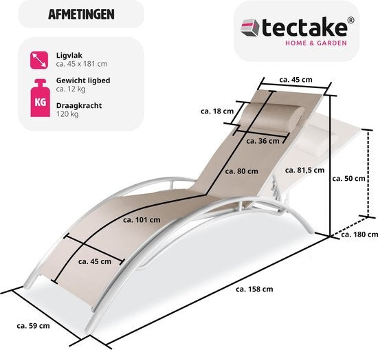 tectake® set van 2 tuinstoelen ligstoelen - aluminium ligbedden - weerbestendig - ideaal voor tuin - balkon - terras - inclusief hoofdkussen - 5-voudig verstelbare rugleuning - beige