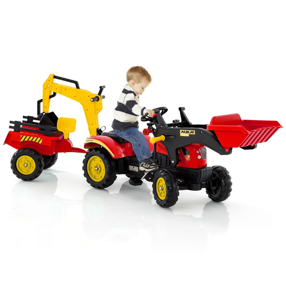 Coast Kinderzittractor - 3-in-1 graafmachine met afneembare aanhanger - 6 wielen - rood