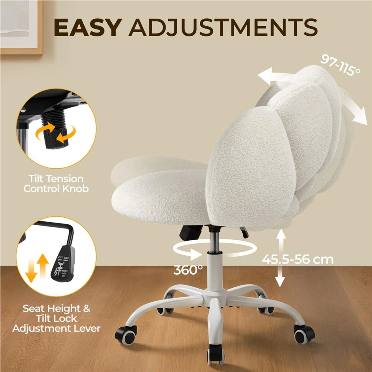 Yaheetech Wolkvormige Bureaustoel – Ergonomisch, Bouclé, 60 × 70 × 72–82 cm – Wit