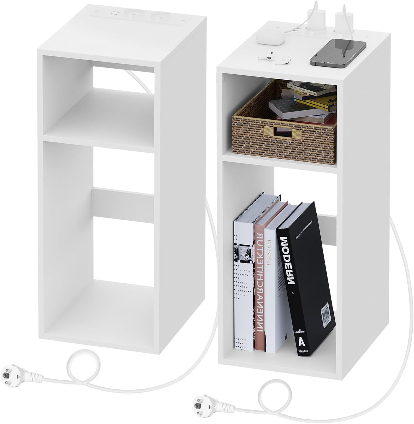 Woltu 2x Nachtkastje met USB en Stopcontact – Wit – 25 x 30 x 60 cm – Compact en Modern Design