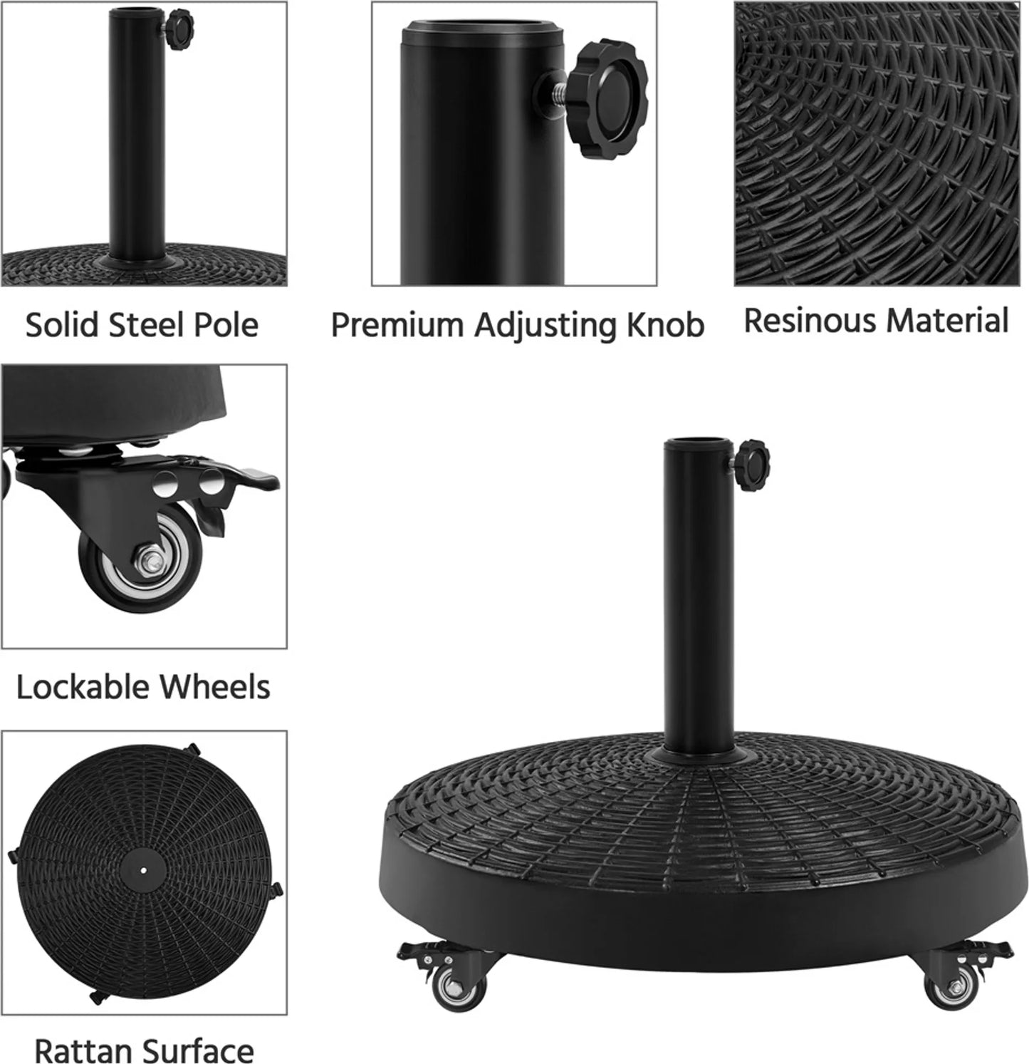 Yaheetech Parasolvoet Op Wielen 24 kg – Voorzien Van 4 Zwenkwielen Met Rem En Twee Adapters Voor Ø 38 mm En Ø 48 mm – Voor Terras En Tuin – Zwart Kunsthars En Metaal – 52 x 52 x 42 cm
