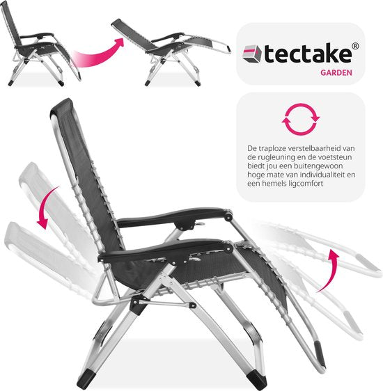 tectake® - ligbed opklapbare ligstoel, tuinligstoel, traploos verstelbaar, buitenfauteuil voor balkon of tuin, ligstoel met extra dik kussen, relaxligstoel belastbaar tot 200 kg (grijs)