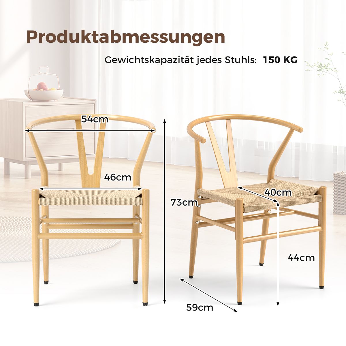 Coast Eetkamerstoelen Set van 2 - Y-vormige rugleuning - Gevlochten rattan zitting - Naturel