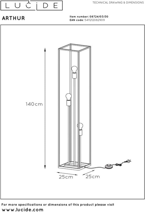 Lucide ARTHUR - Vloerlamp - 3xE27 - Zwart