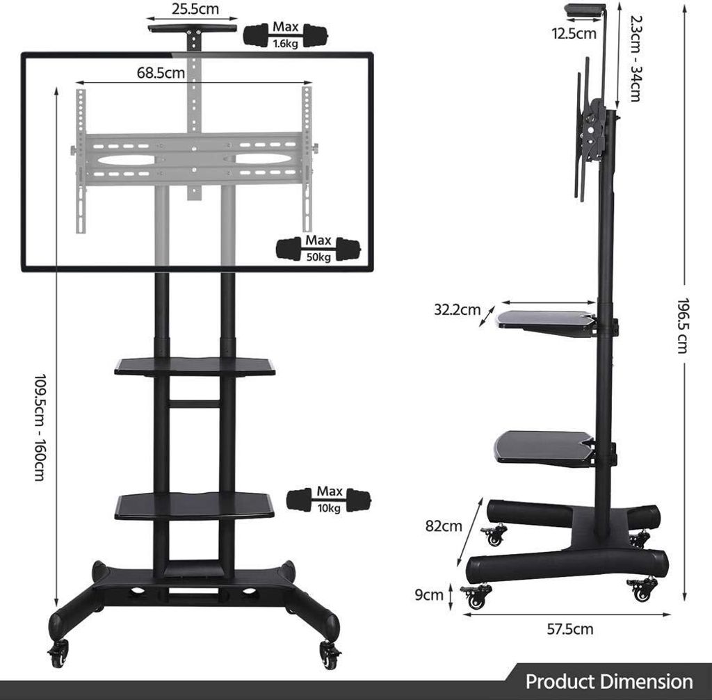 Yaheetech Tv-standaard op wieltjes 32-75 inch - Verstelbaar - 3 legplanken - Zwart - 82 x 57,5 x 196,5 cm