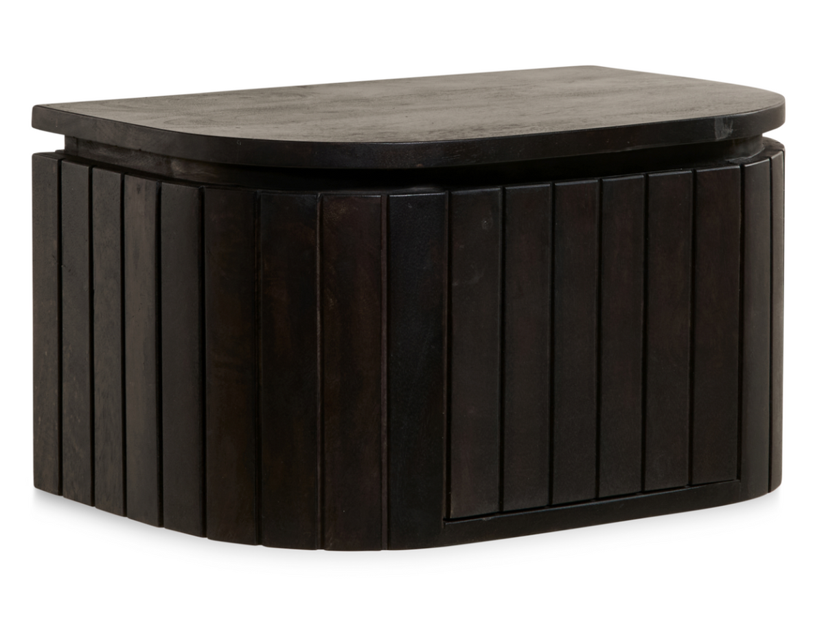 Multifurn Hangend Nachtkastje Mokka – 45 x 30 x 25 cm – Donkerbruin Mangohout Met Latjes-Design En Ronde Vorm – 1 Stuk