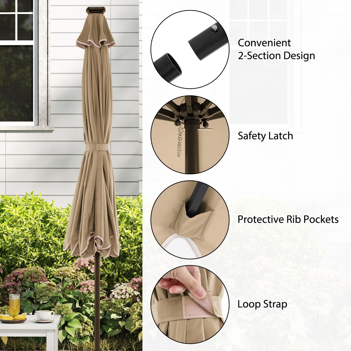 Coast tuinparasol met LED-verlichting - slingerbediening - kantelbaar tot 35° - bruin 300 x 253 cm