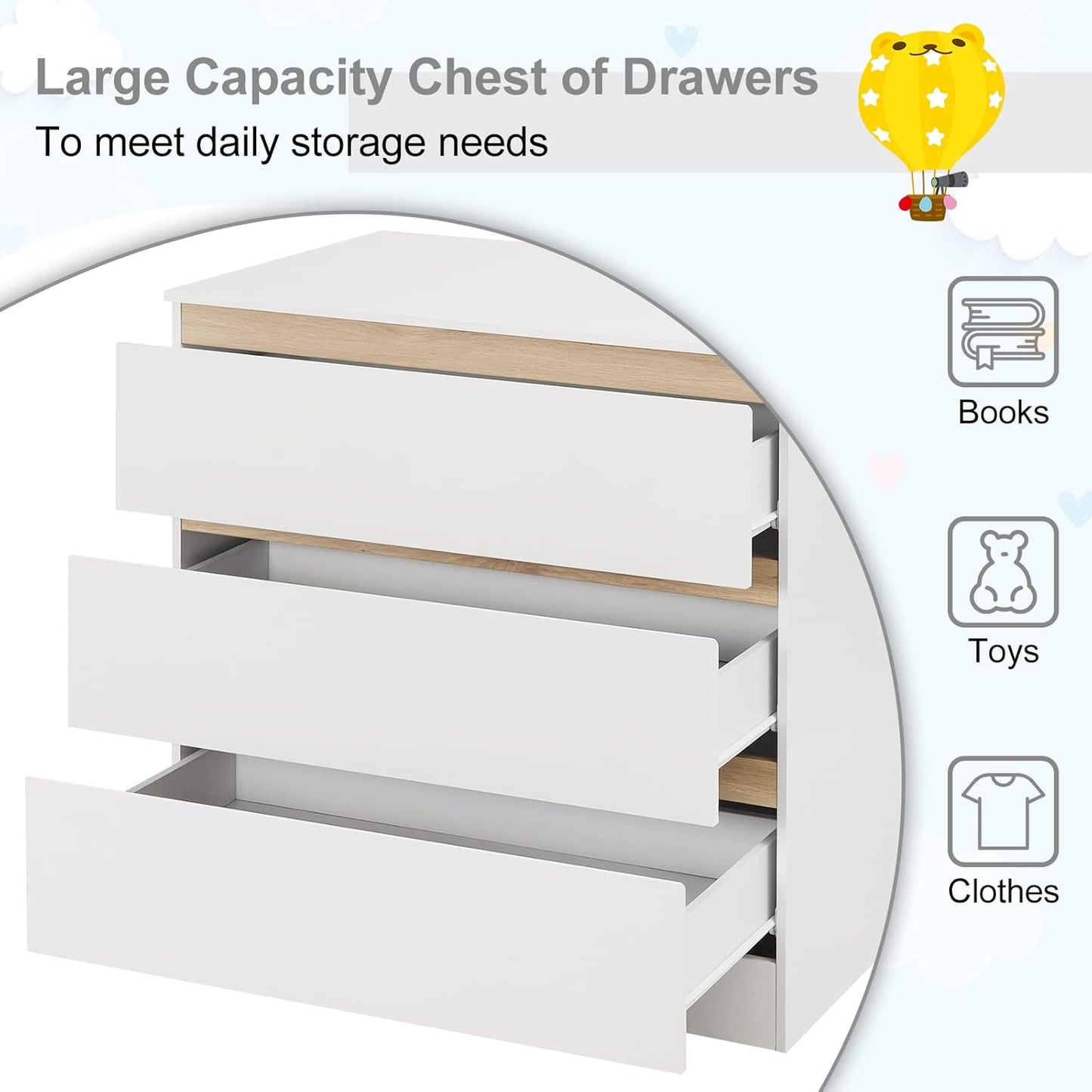 Woltu Luiercommode met aankleedopzetstuk – 80x48x78 cm – Wit en Eiken – 3 Lades – Ergonomisch 86 cm Werkhoogte