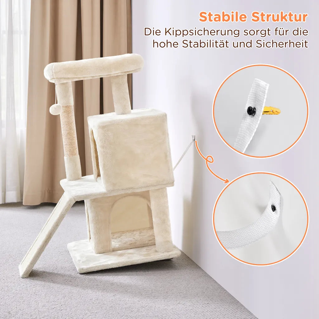 Yaheetech Krabpaal Beige – 91 cm Hoog – Met 2 Kattenhuisjes, Sisal Krabpalen en Speelbal