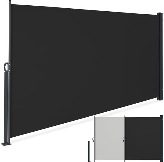 tectake® Uitschuifbaar Windscherm met Oprolmechanisme - 300 x 200 cm - Zijluifel met Aluminium Frame- Zonnescherm - Tuinscherm - Zwart Balkonscherm - Ondoorzichtbaar Privacyscherm - Markiesdoek