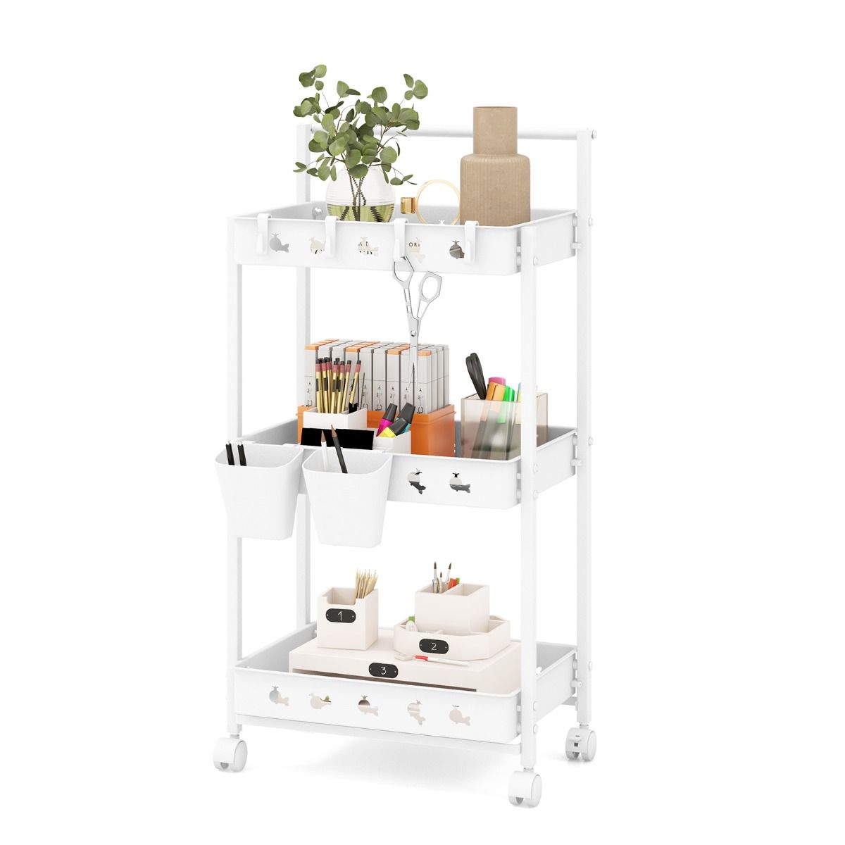 Coast Opbergwagen - 3 niveaus - met haken en bekers - wit 42 x 29 x 83 cm