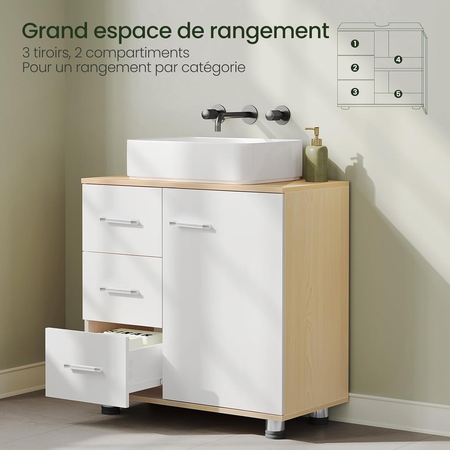 Eugad Badkamerkast Wit/Licht Eiken - 60 x 60 x 30 cm - 3 Lades - Verstelbare Plank