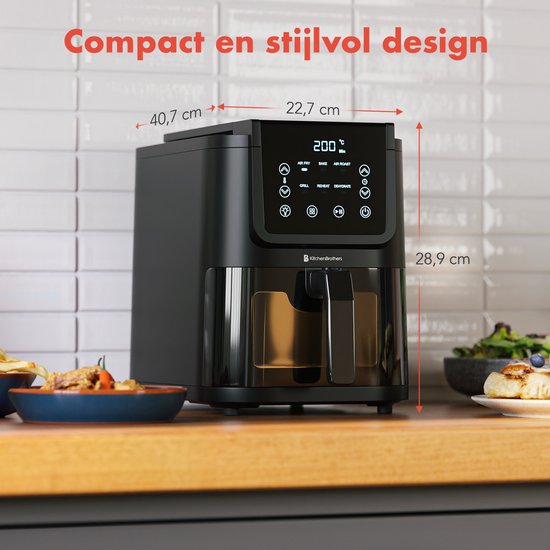 KitchenBrothers Airfryer XL - 5L - 1500W - Heteluchtfriteuse - 60ºC tot 200ºC - Small design - Extra stil - 6 Kookprogramma's - Zwart