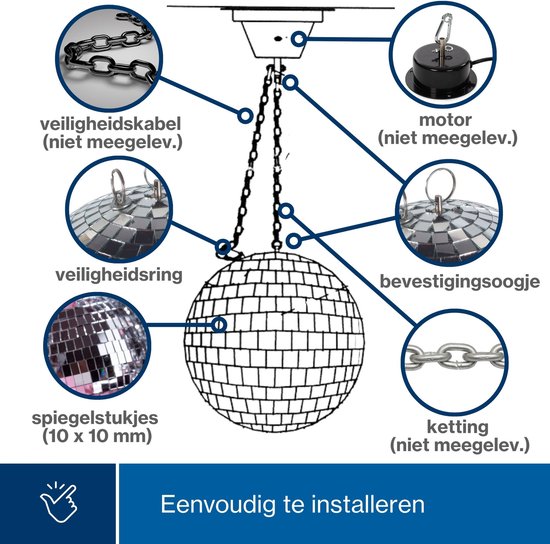 HQ-Power Disco spiegelbol Ø 20 cm, spectaculaire lichteffecten voor feestjes, veilig ophangsysteem en facetglas, dansvloer accessoire voor disco en meer