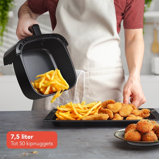 KitchenBrothers Airfryer XXL - 7.5L - 1800W - Heteluchtfriteuse - Dual Heating - 50ºC tot 200ºC - 10 Kookprogramma's - Zwart