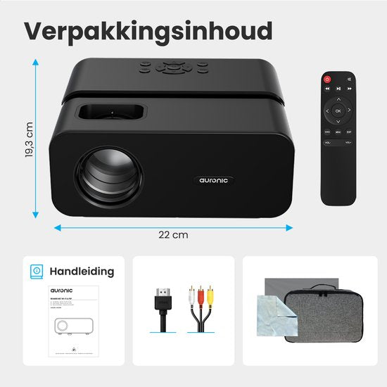 Auronic Beamer 10.000 Lumen - WiFi - 1080P Full HD - Streamen vanaf je telefoon - Smart Mini Beamer - IOS & Android - HDMI-kabel - Afstandsbediening en Projectiescherm - Zwart