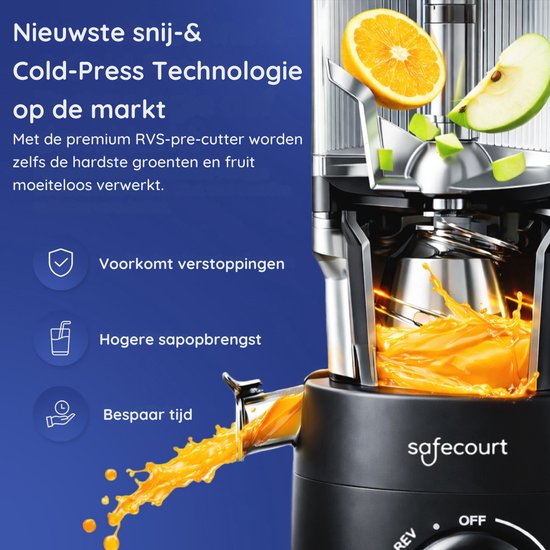 Safecourt Kitchen Slow Juicer - krachtige motor [Pre-cutter & Cold-press technologie] - eenvoudige reiniging - BPA-vrij - sapcentrifuge Zwart