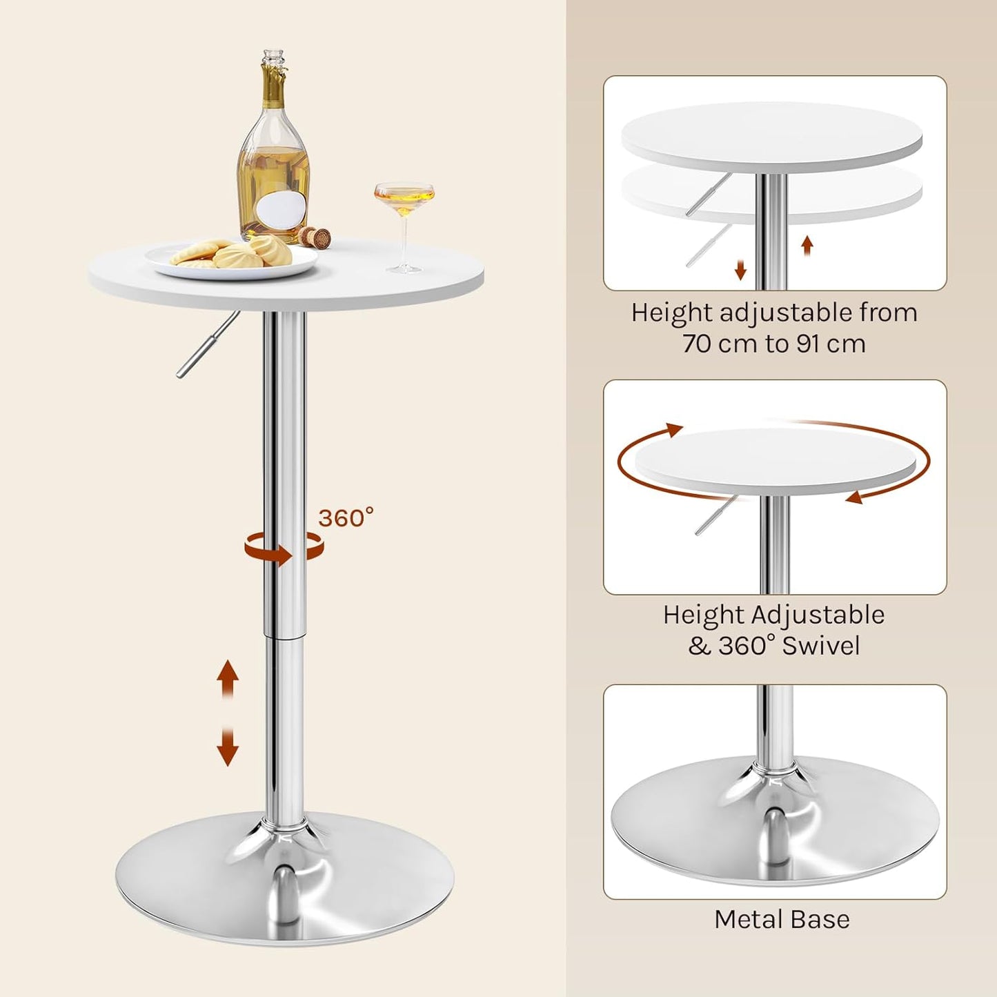 WOLTU Verstelbare Bartafel - Ø52 cm - 70-91 cm Hoog - Draaibaar - Chroomvoet Ø45 cm