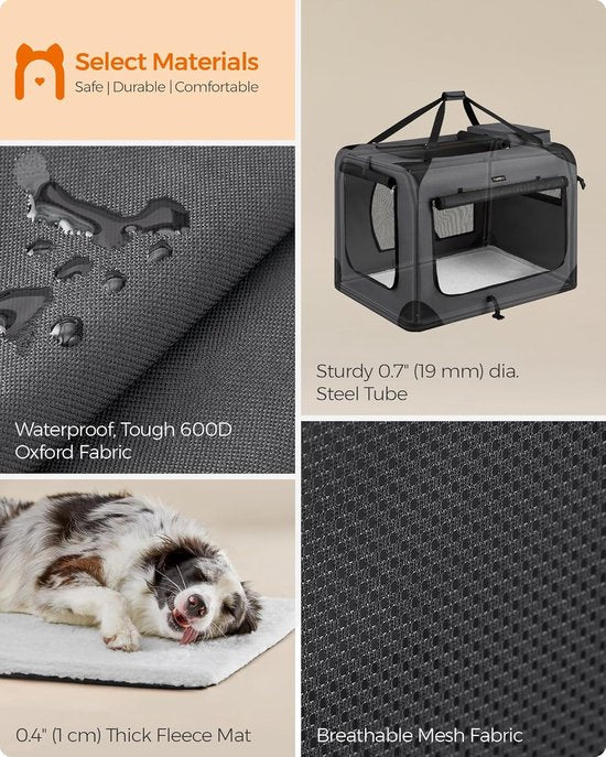 Feandrea Opvouwbare Reistas voor Huisdieren PDC90G01 – Grote Soft Travel Crate voor honden en katten, 91 × 63 × 63 cm – Grijs – Ademend met netvensters en opbergvakken
