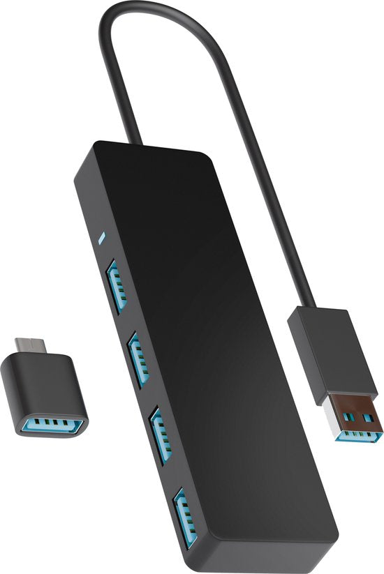 Nuvance - USB 3.0 Hub - 4 Poorten - Inclusief USB C Converter - USB Splitter - Zwart