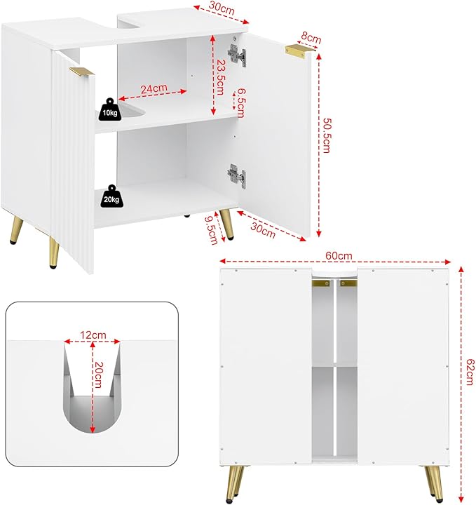eSituro SBP0095 Wastafel onderkast - badkamermeubel - wit met goudkleurige metalen poten - 60 x 62 x 30 cm