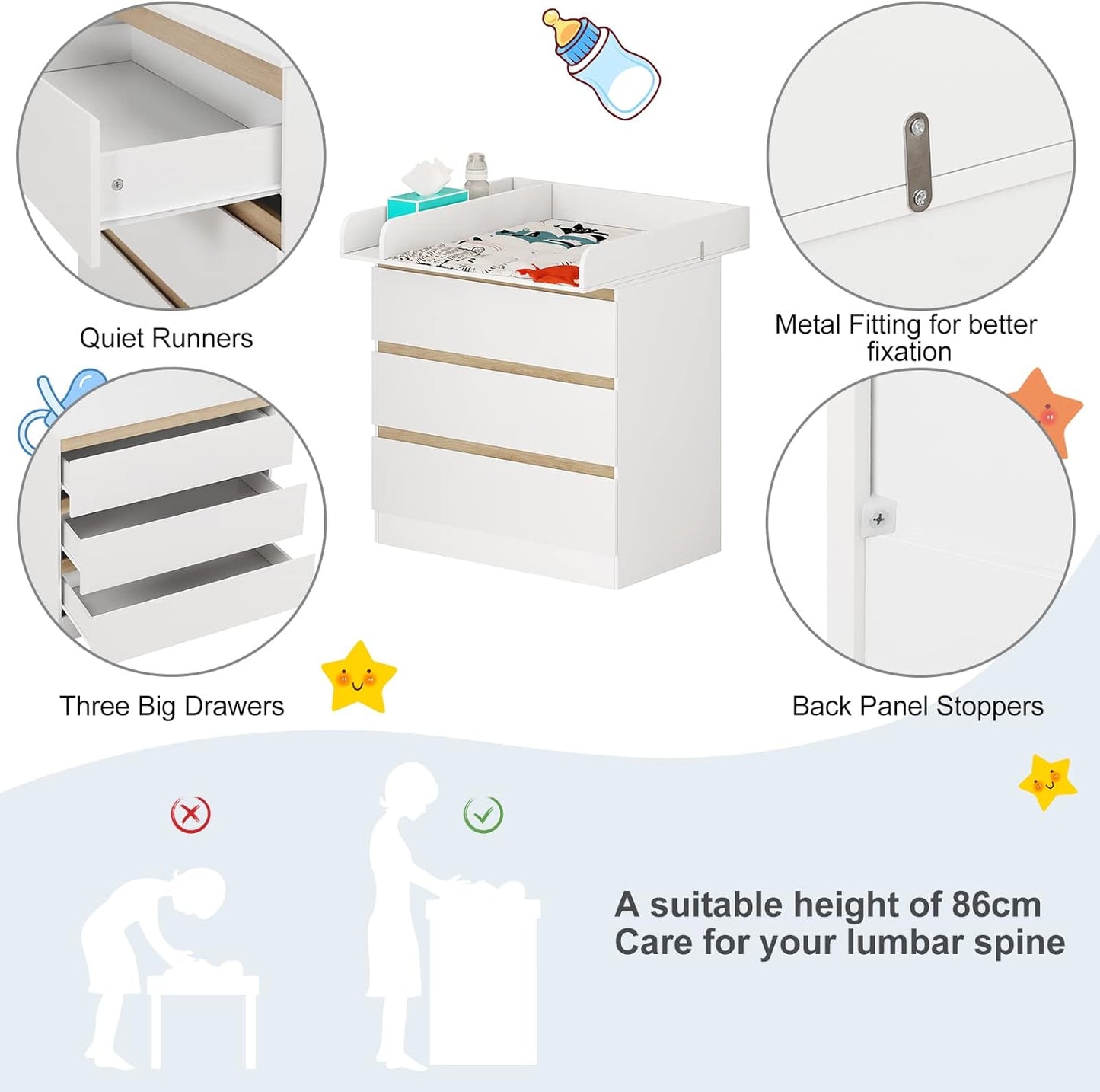 Woltu Luiercommode met aankleedopzetstuk – 80x48x78 cm – Wit en Eiken – 3 Lades – Ergonomisch 86 cm Werkhoogte