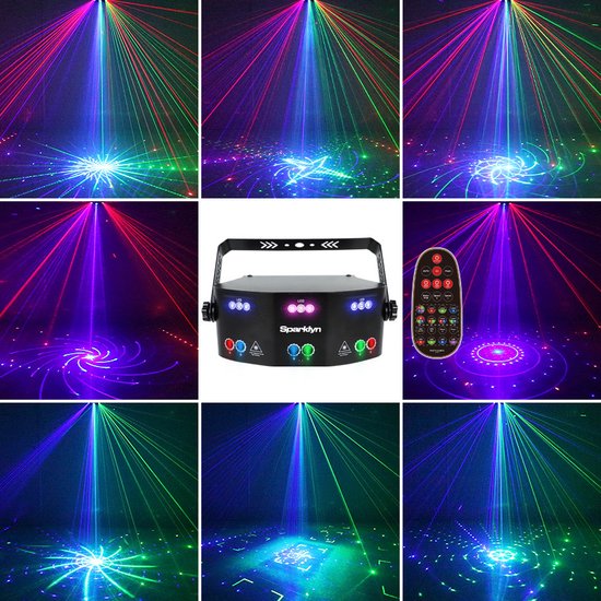 Sparklyn Professionele Disco Laser met 15 Eyes - 120 lichtcombinaties - Afstandsbediening - DMX Bestuurbaar - Discolamp - Zwart